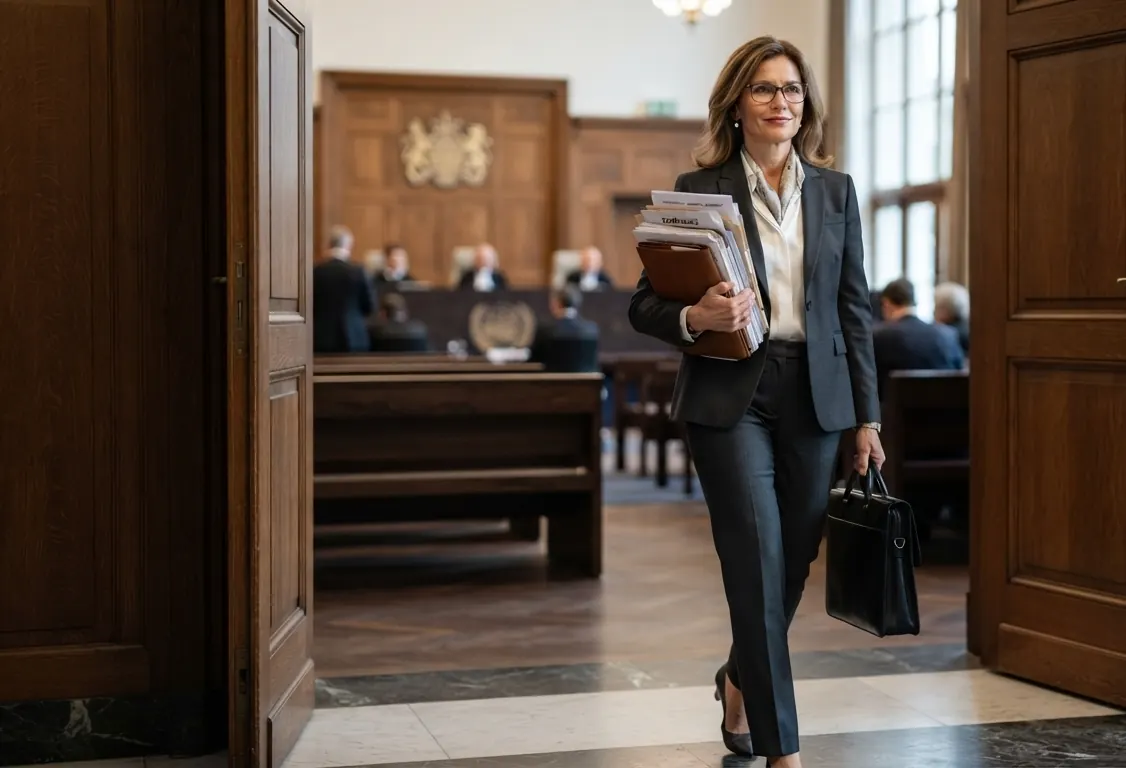 Abogada saliendo de una sala del tribunal internacional de justicia.