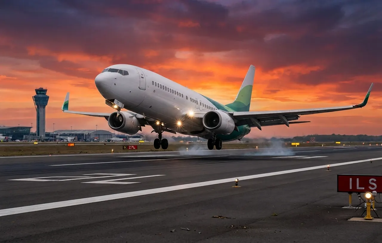 Avión de carga despegando de una pista al atardecer.