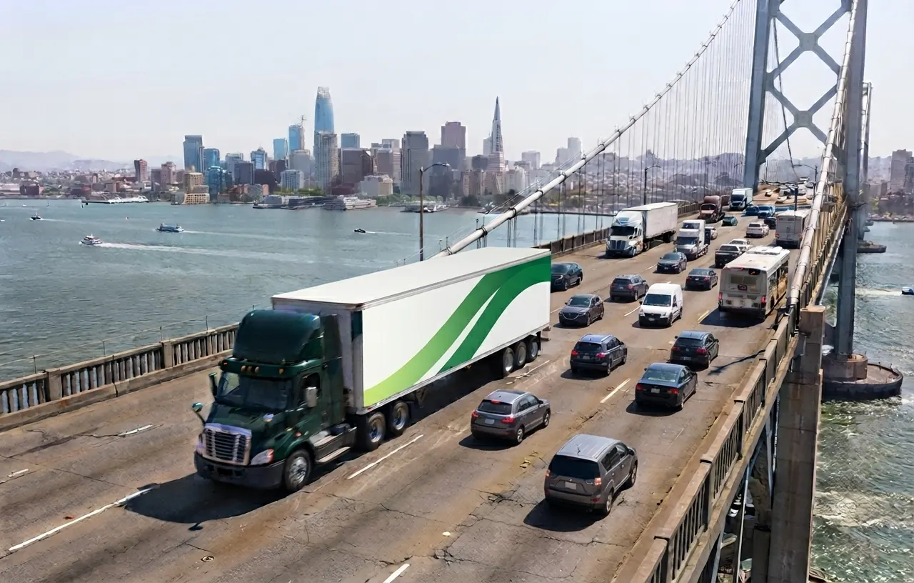 Camión articulado cruzando un puente en dirección a la ciudad.