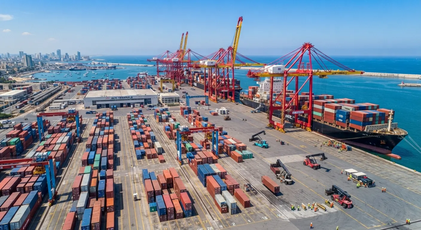 Vista aérea de una terminal de contenedores en operación, con grúas pórtico cargando un buque.