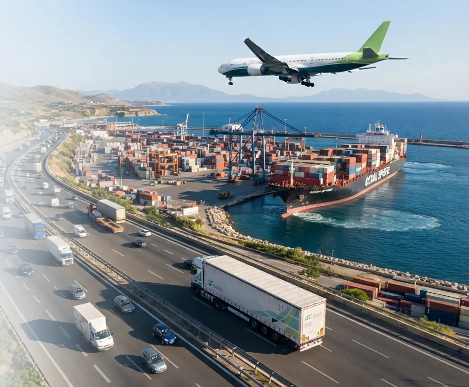 Vista aérea de un puerto de contenedores, con autopista, camiones, un buque atracado y un avión de carga sobrevolando la costa.