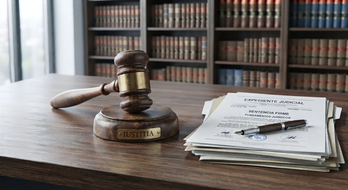 Mazo de juez junto a un expediente judicial firmado, en una biblioteca jurídica.