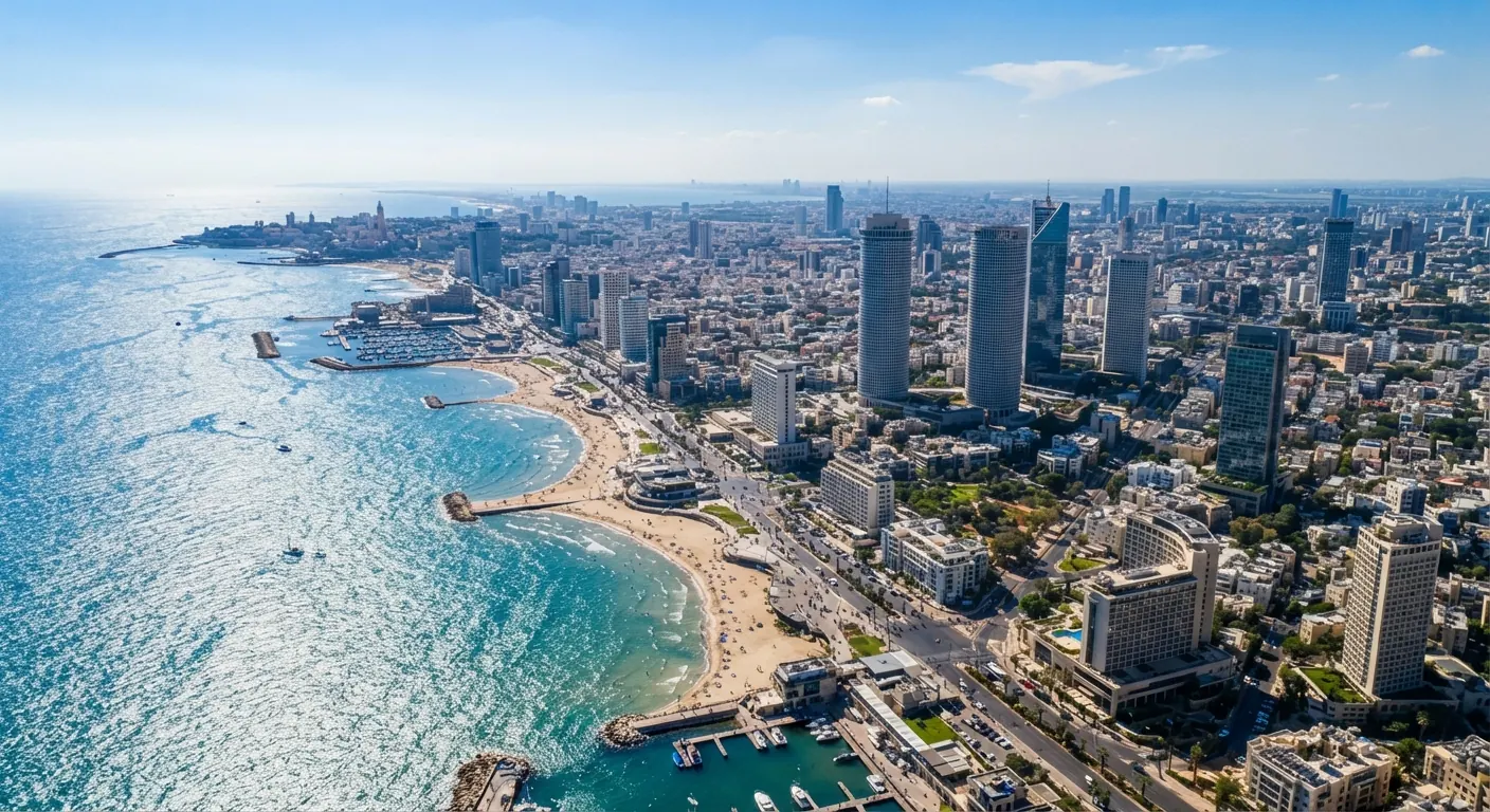 Vista aérea de Tel Aviv: la playa, el paseo marítimo y las torres de la ciudad junto al Mediterráneo.