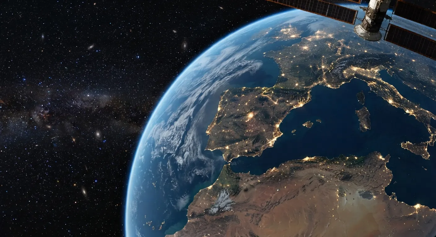 La Tierra vista desde el espacio de noche: la península ibérica y el Mediterráneo occidental iluminados.
